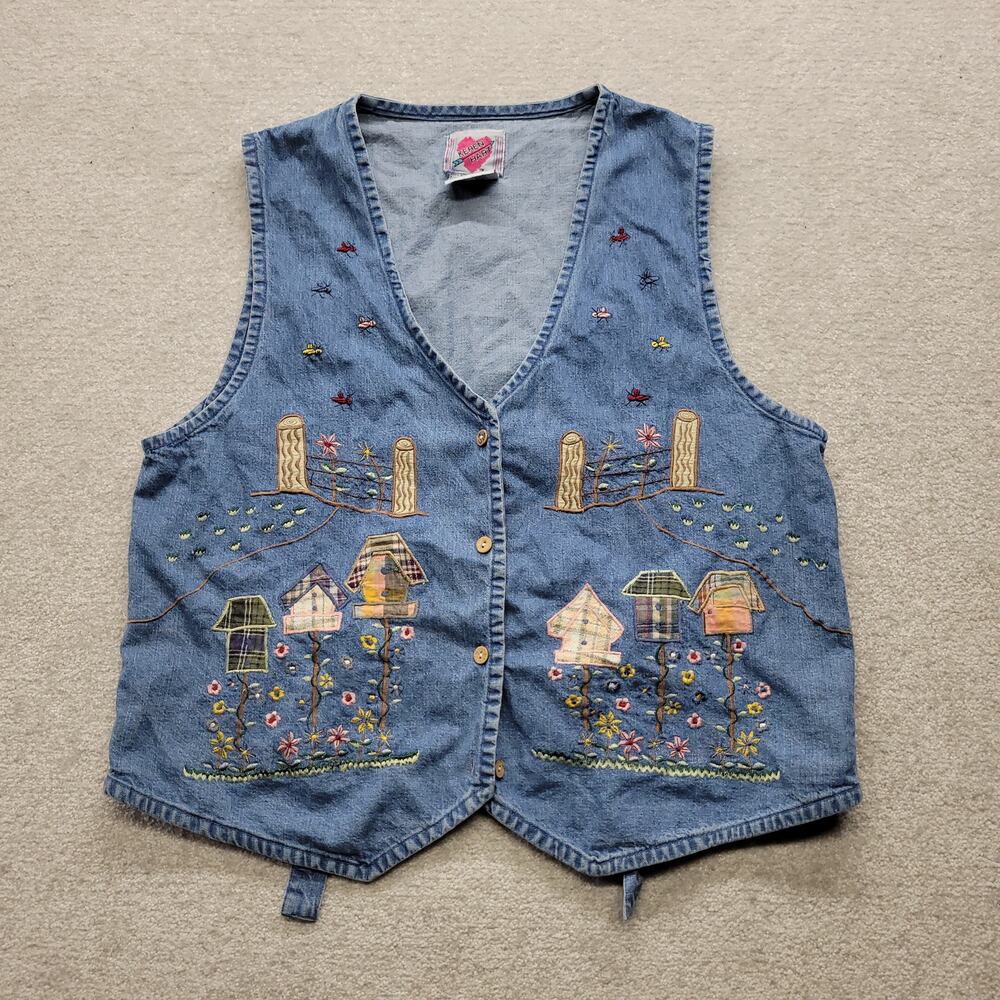 Keren Hart Womens Large Denim Vest Embroidered Birdhouse Garden Cottagecore